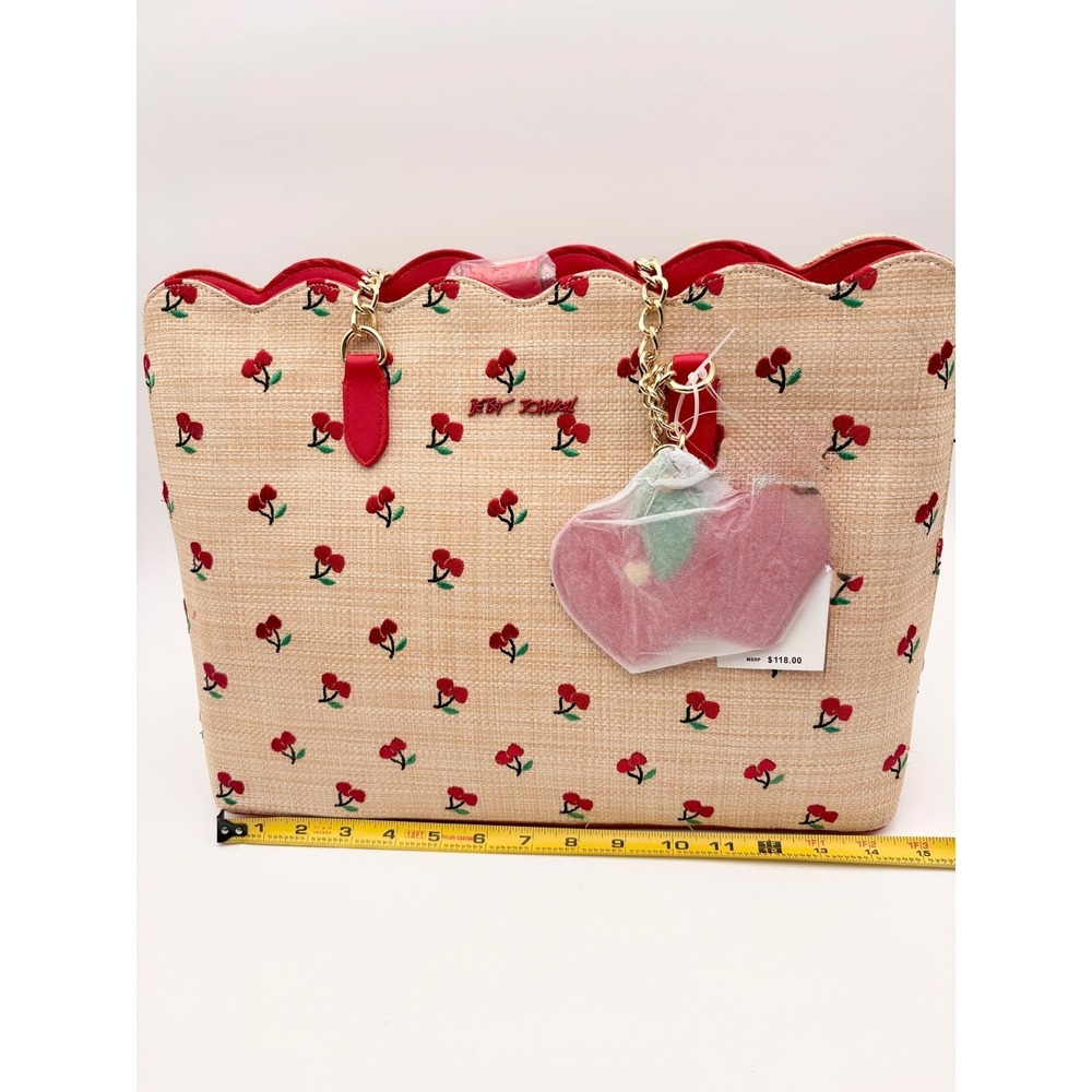 Betsey Johnson Cherry Print Straw Tote Bag Red Scalloped Top Chain Straps Charm - Picture 10 of 10